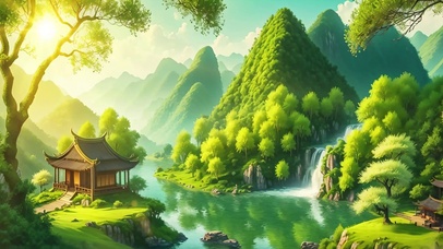 仙境山川河流木屋