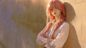 夕阳光下的粉发少女