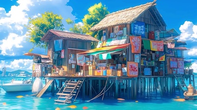 晴空下的海上木屋