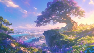 清新鲜花山坡古树