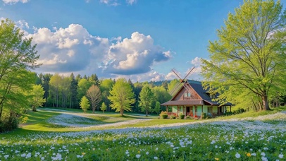 春日花海林间风车小屋风景