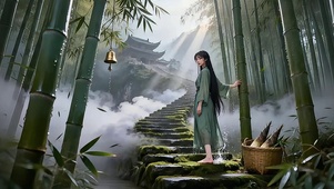晨雾竹阶・绿裙少女