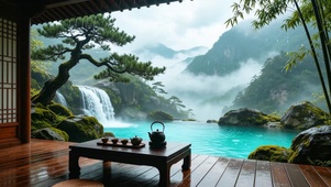 高山云雾瀑布雨景