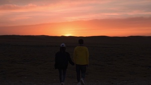 唯美夕阳下情侣牵手行走背影
