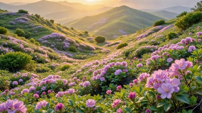 落日山间粉色花海