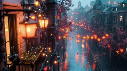 静谧雨夜法式无人街道