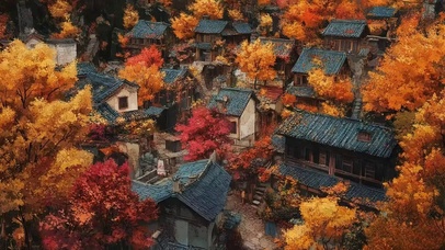 俯瞰秋日红叶古镇建筑