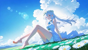 晴空草地雏菊银发美少女