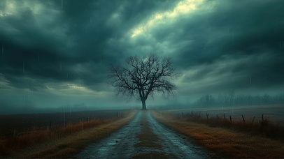 雨天草原小径孤树