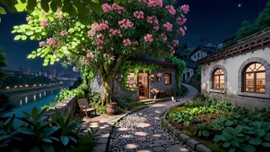 夜晚江边的小屋