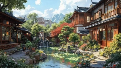 古风庭院建筑池塘风景