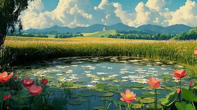 护眼白云树木河流