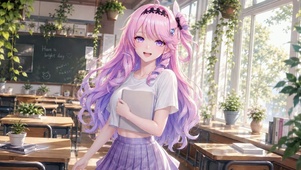 教室粉发二次元美少女