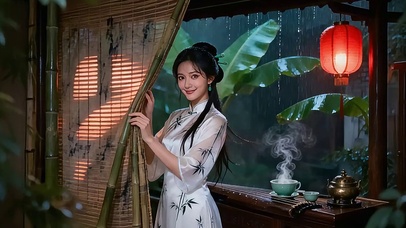 雨夜竹帘・旗袍少女