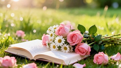草地阳光下治愈书本玫瑰小清新