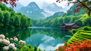 清新湖边花草小屋