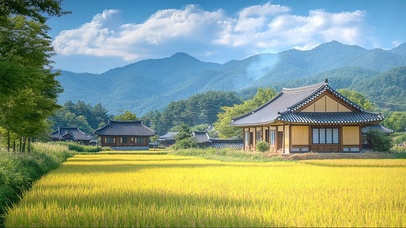 静谧稻田古风村落