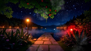 夜景树木河流景色