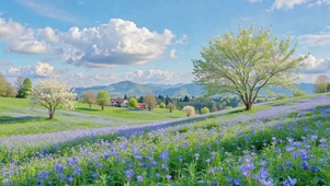 清新春日蓝花山谷风光