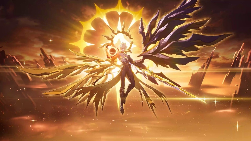 悬浮的异色羽翼奇幻战士立于黄昏废土上空，周身环绕金光星尘。