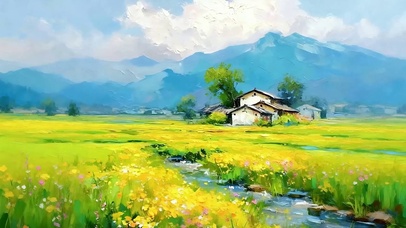 油画树木河流