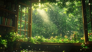 护眼窗外雨天雨滴树木绿景