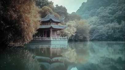 清冷秋日山林湖畔古亭