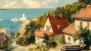 护眼海景房屋树木带鱼屏