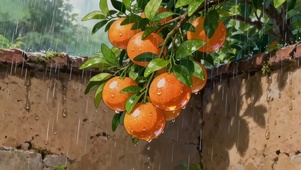 雨天屋檐橙子树