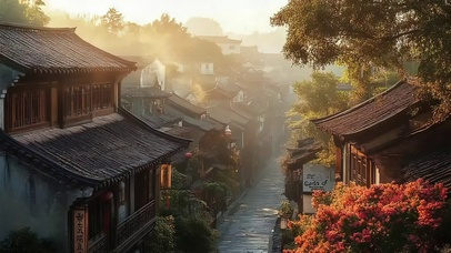 朦胧清晨云雾古风小镇