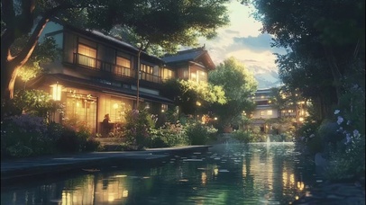 傍晚静谧溪流古城建筑