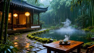竹林池塘木屋雨景