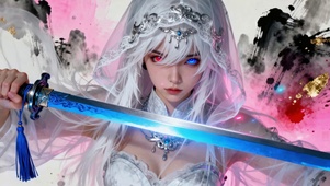 彩色水墨风白发异瞳持剑女侠