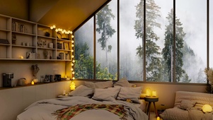 清晨雾气林间温馨小屋