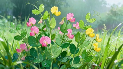 护眼雨中红黄花豌豆苗