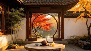 秋天湖边庭院