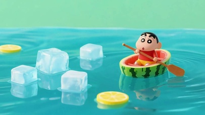 清凉泳池划西瓜小船的小新