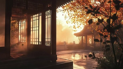 秋日黄昏朦胧庭院光影