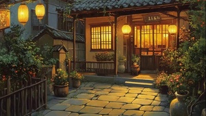 傍晚温馨小镇静谧商店