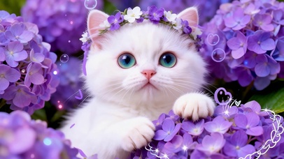 紫色绣球花田小白猫