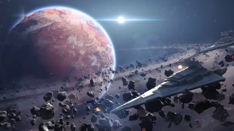 3D科幻外太空场景，灰黑色三角造型星舰悬浮在布满陨石的深空，旁侧是带淡蓝色光晕的粉褐类地行星，背景是深灰蓝色星空与星点星云。