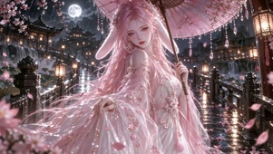 樱雨夜撑伞兔耳美女