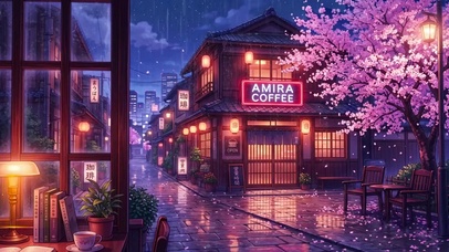樱花街巷雨夜咖啡屋