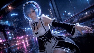 赛博雨夜女仆雷姆动态壁纸