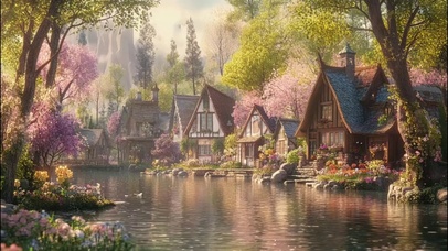 静谧春日湖畔小镇建筑