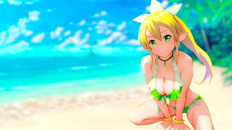 蹲在夏日浅金色沙滩上的金发绿眼精灵少女，背景是碧海蓝天。
