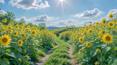 晴空向日葵花田乡间小径