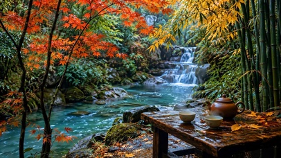秋天溪边品茶