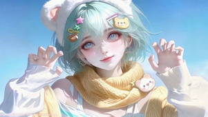 薄荷绿发可爱熊耳少女