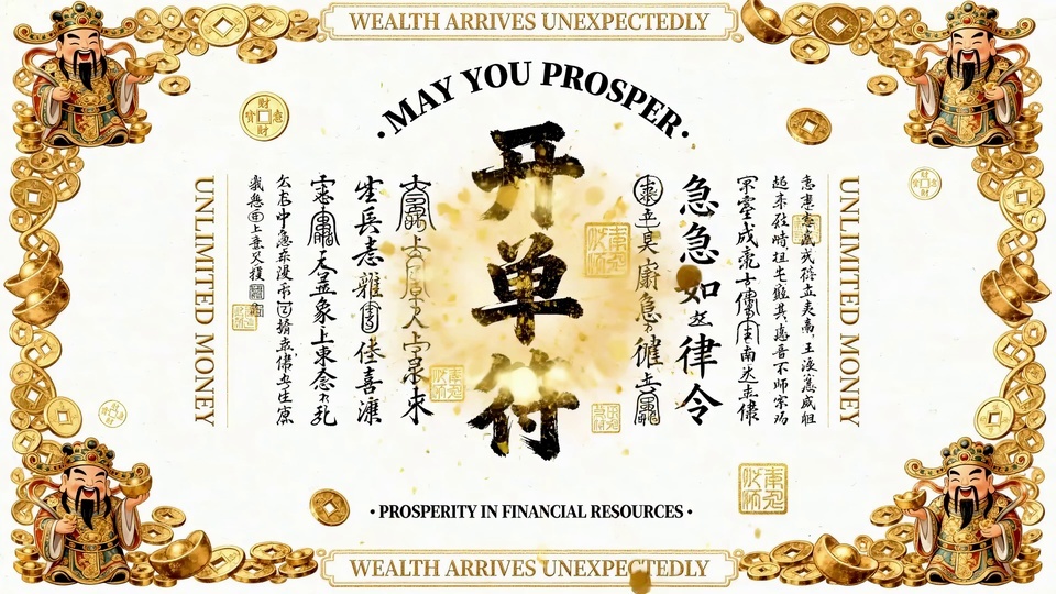 四角环绕铜钱金元宝与传统卡通人物，中央为水墨书法大字的国风插画